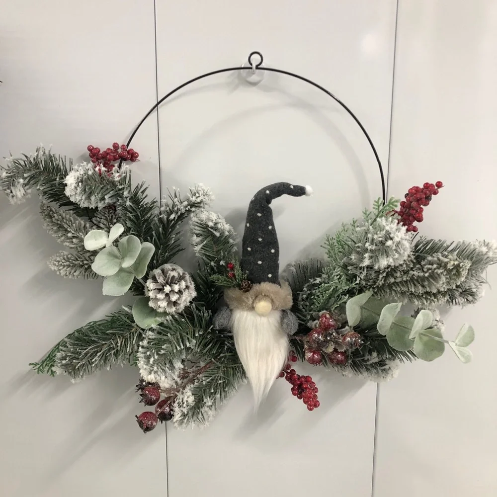 Handmade Gnome Wreath Faux Evergreens Christmas Snow Frosted Eucalyptus Berries